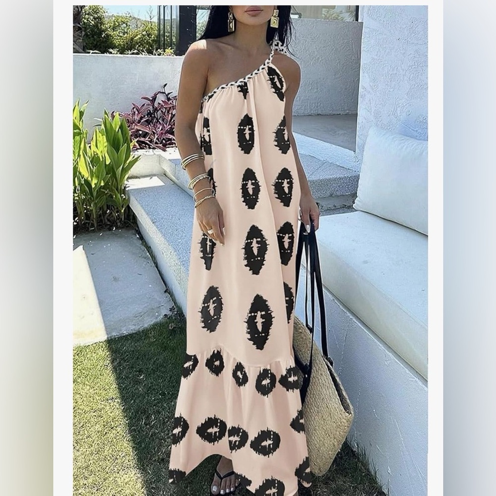 One Shoulder Black and White Ikat Women's Dress